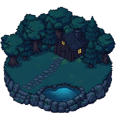 The garden at night: a cabin in a forest clearing with a pond